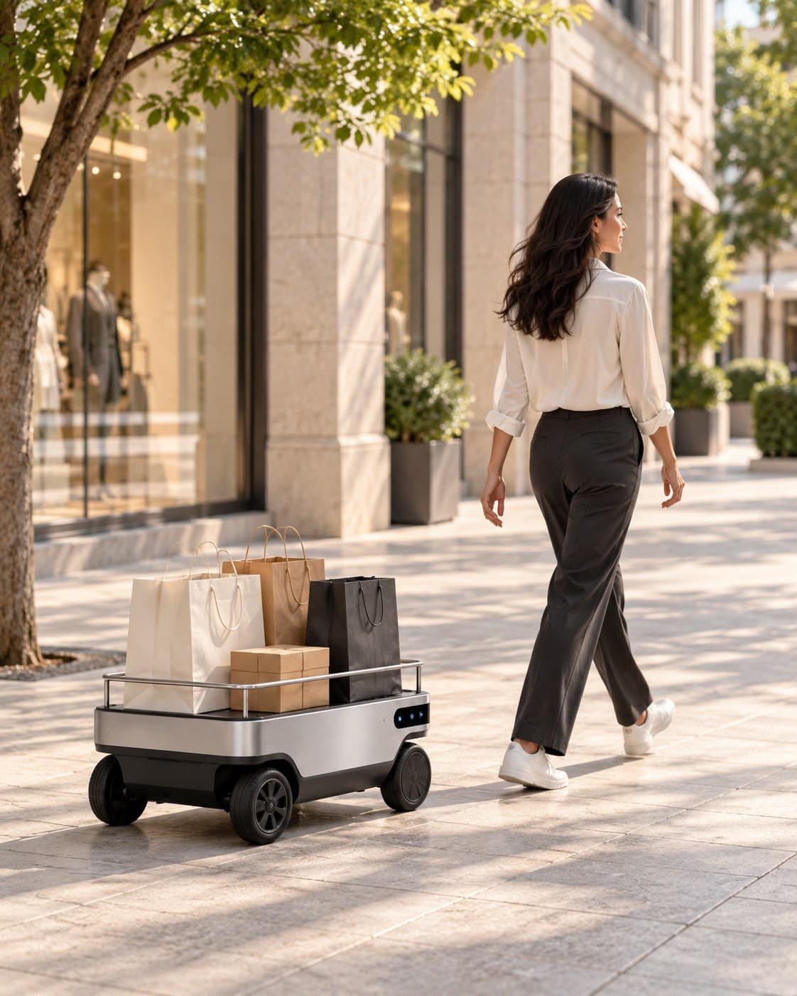 A Notchbit Follow Me vehicle accompanying travellers through a terminal